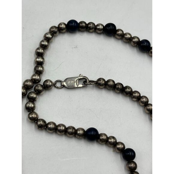 Dobbs Sterling Silver Vintage Ball and Lapis Lazuli 4-5mm Beaded Necklace 20” - Picture 8 of 12